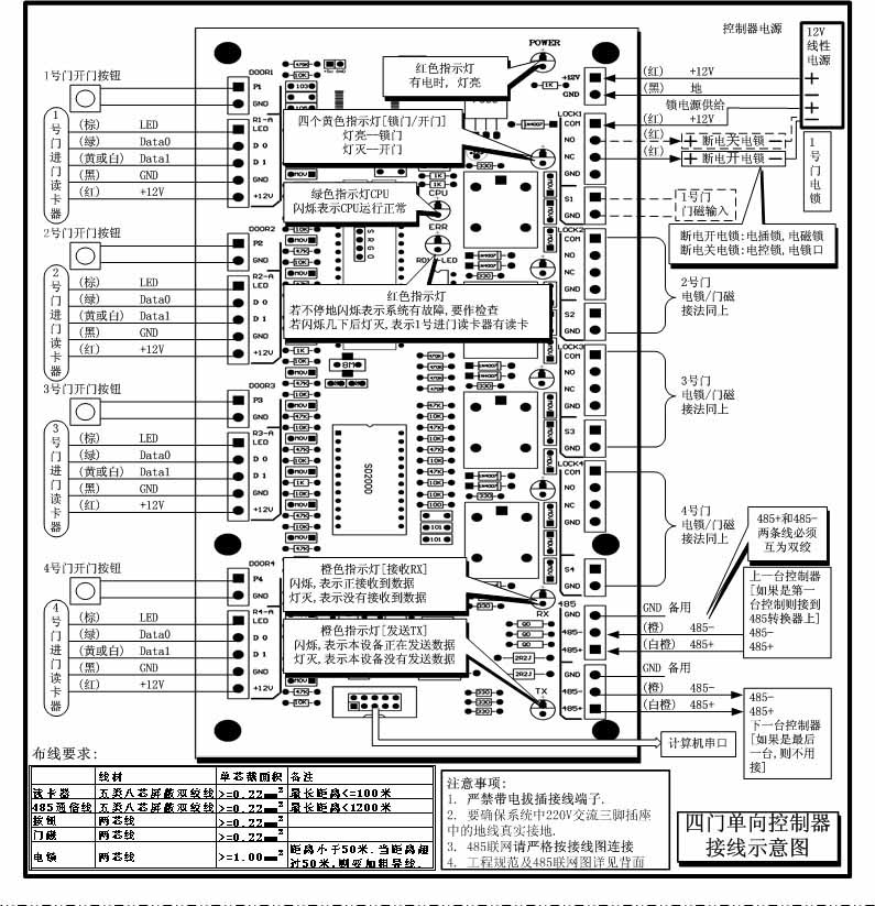 四门单向控制器接线示意图